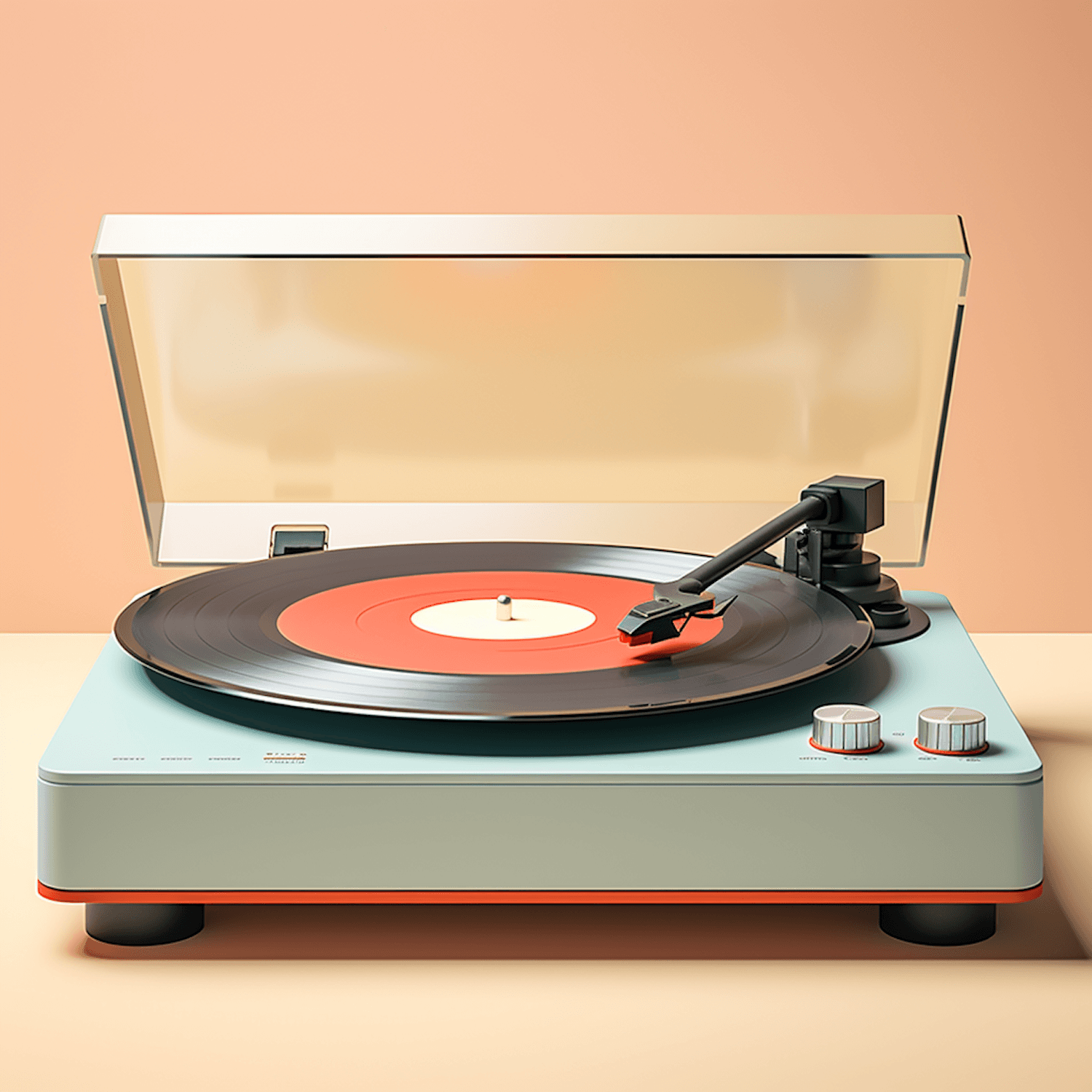 A vintage turntable spinning a vinyl record against a peach background